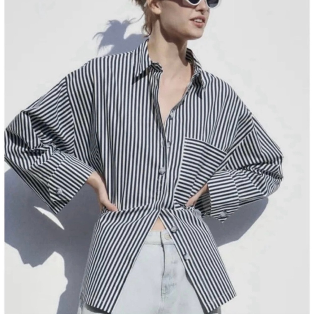 Zara Poplin Strips Button Oversized - image 2